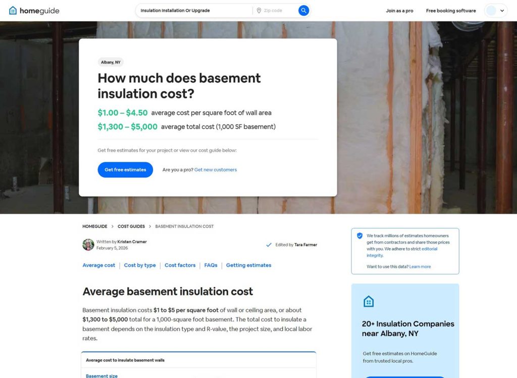 Screenshot of HomeGuide article about basement insulation costs.