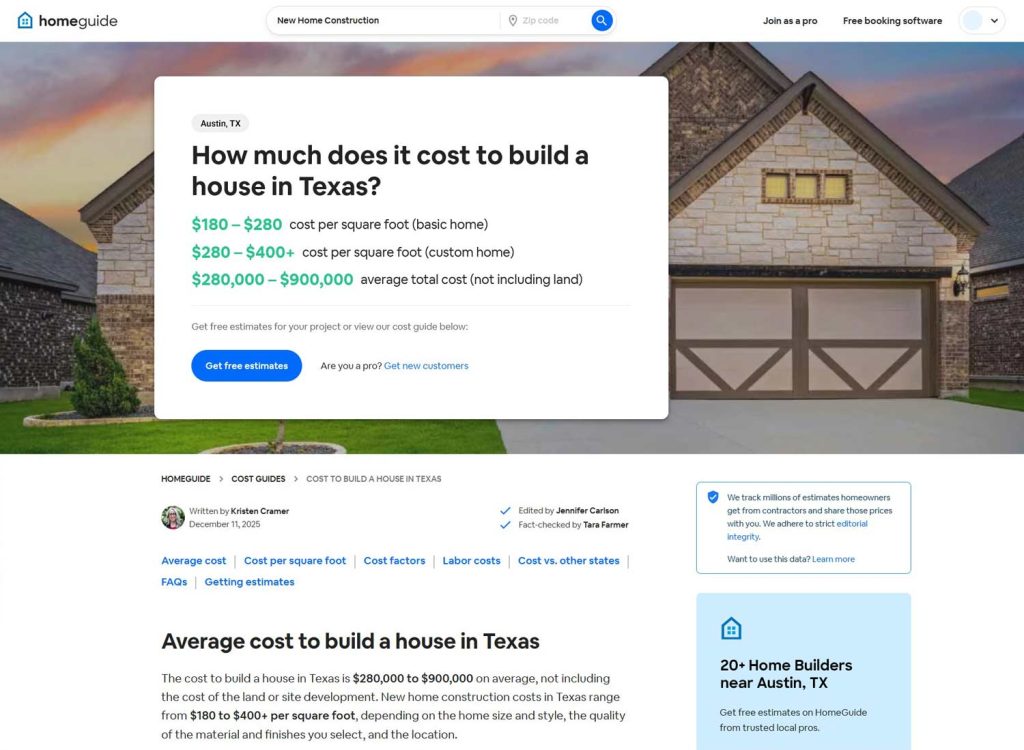 Screenshot of a HomeGuide article titled "How Much Does it Cost to Build a House in Texas?"