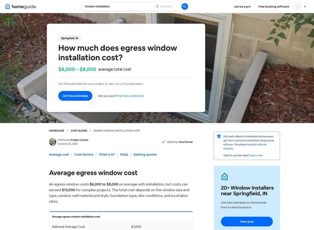 Screenshot of HomeGuide article about egress window installation costs.