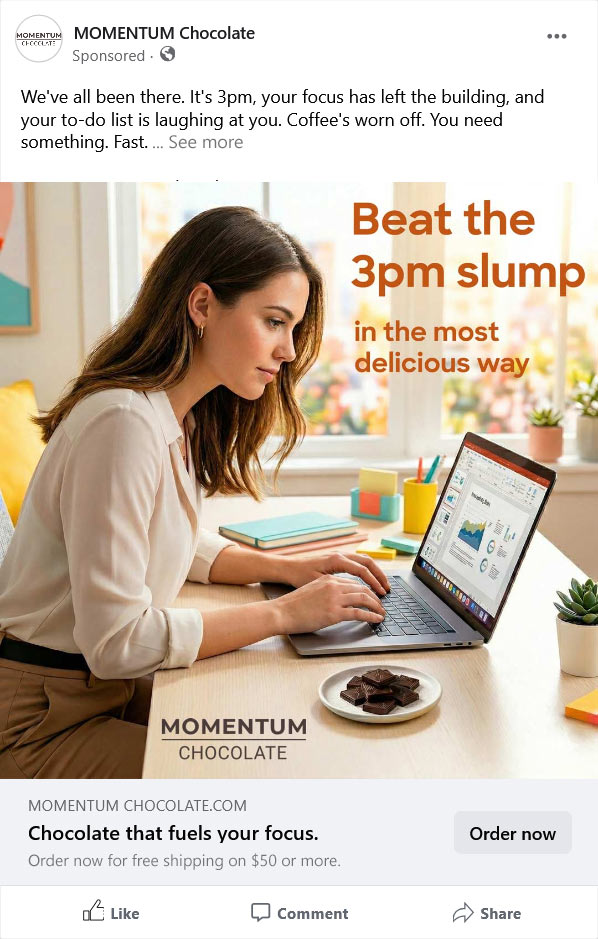 Facebook ad #2 for Momentum Chocolate (unexpanded text view)