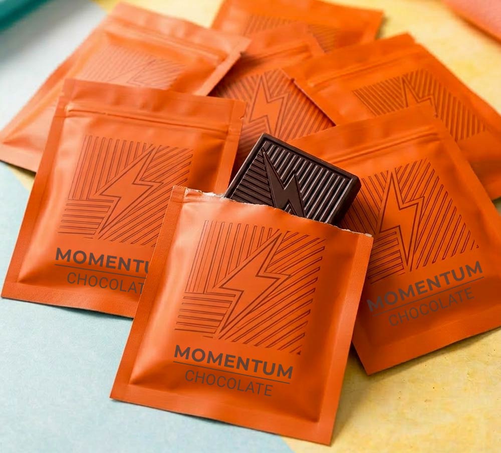 A small pile of individually-wrapped chocolate squares from Momentum Chocolate.