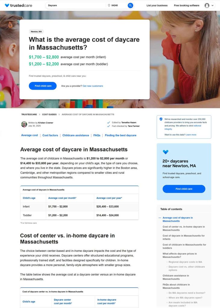 Screenshot of TrustedCare article about the average cost of daycare in Massachusetts.