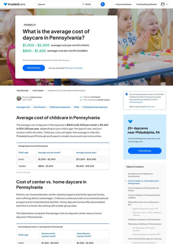 Screenshot of TrustedCare article about the cost of daycare in Pennsylvania.