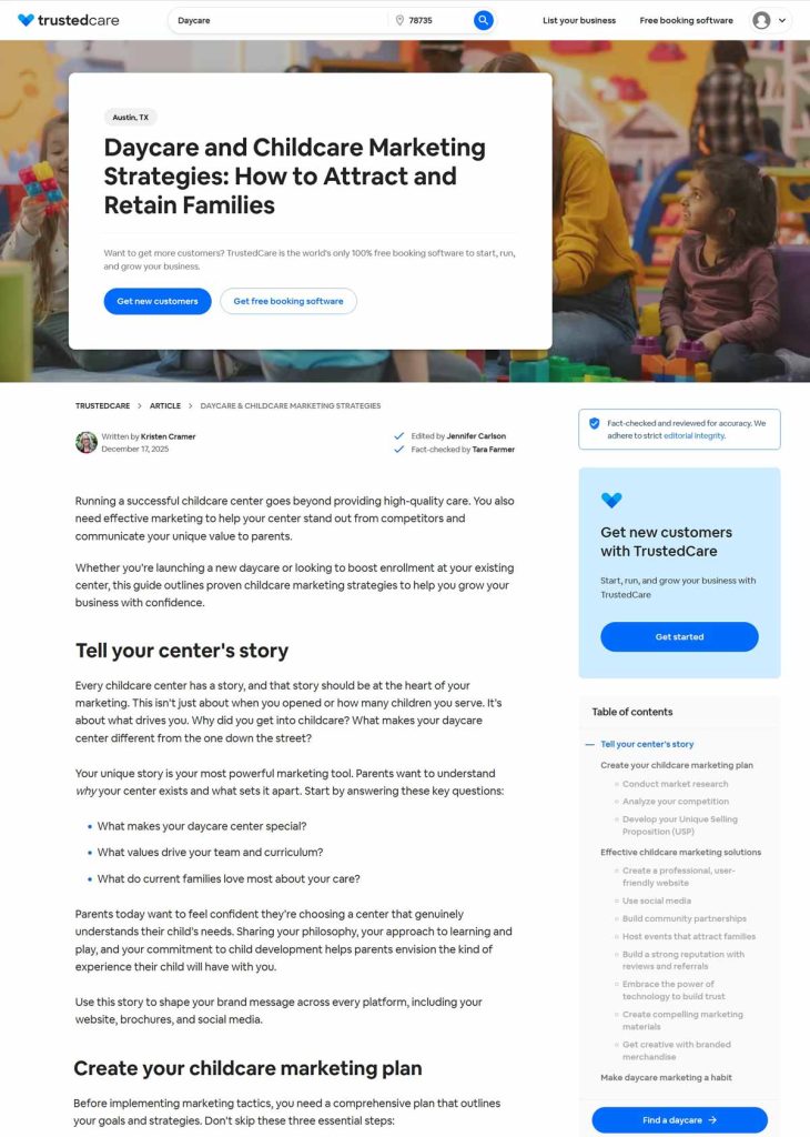 Screenshot of TrustedCare article about daycare marketing strategies