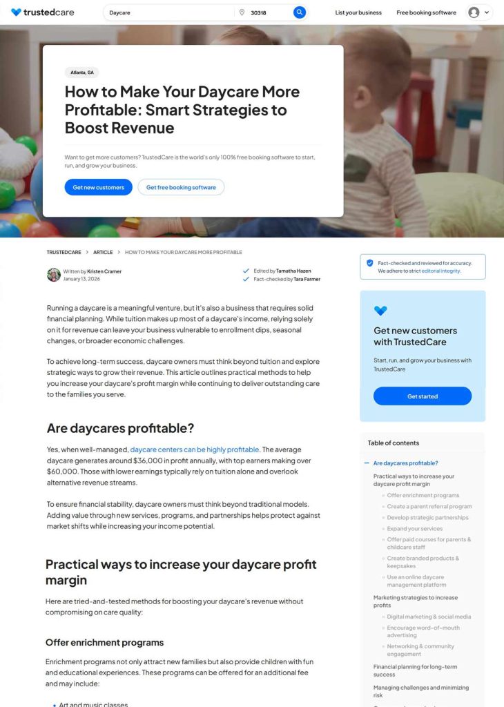 Screenshot of TrustedCare article about how to make your daycare more profitable