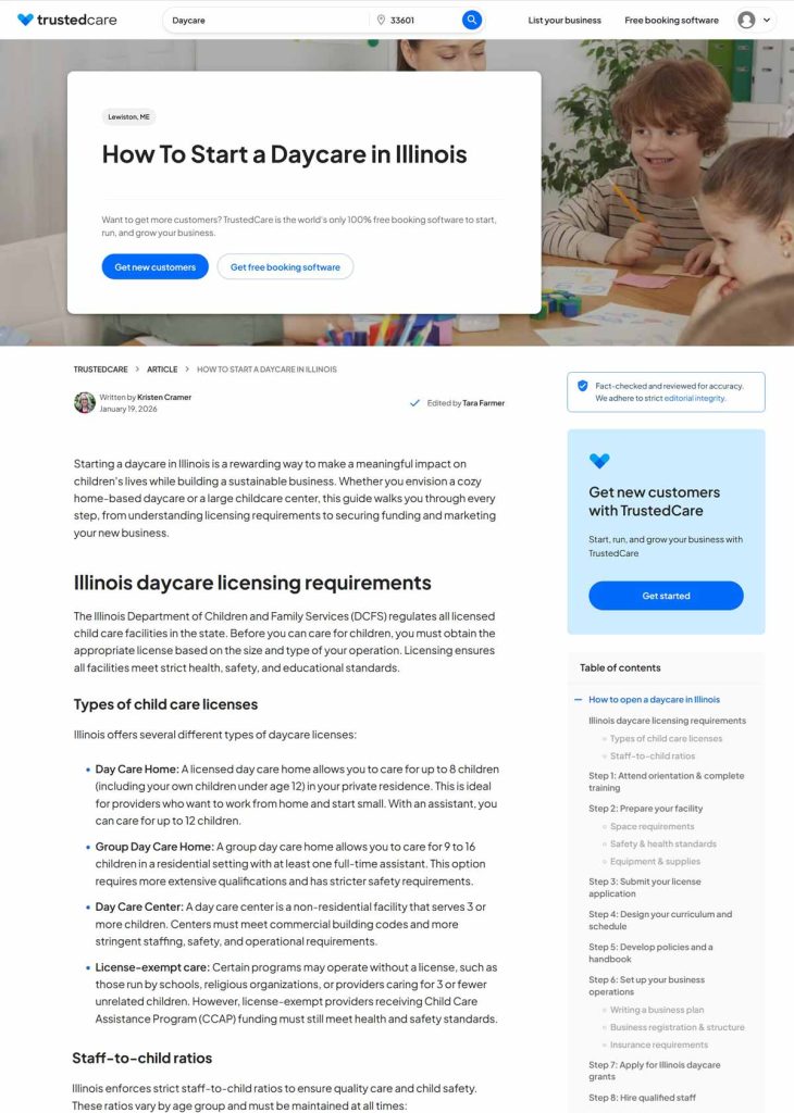 Screenshot of TrustedCare article about how to start a daycare in Illinois