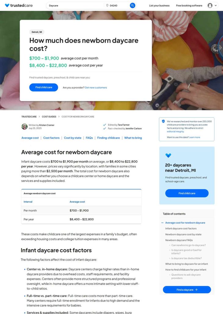 Screenshot of TrustedCare article about the cost of newborn daycare