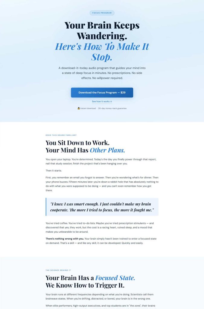 Screenshot of landing page #1 for the Focus Program