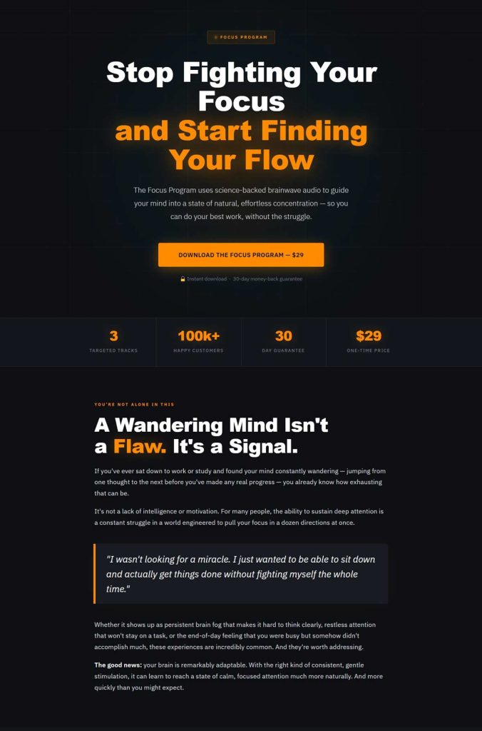 Screenshot of Focus Program landing page #2.