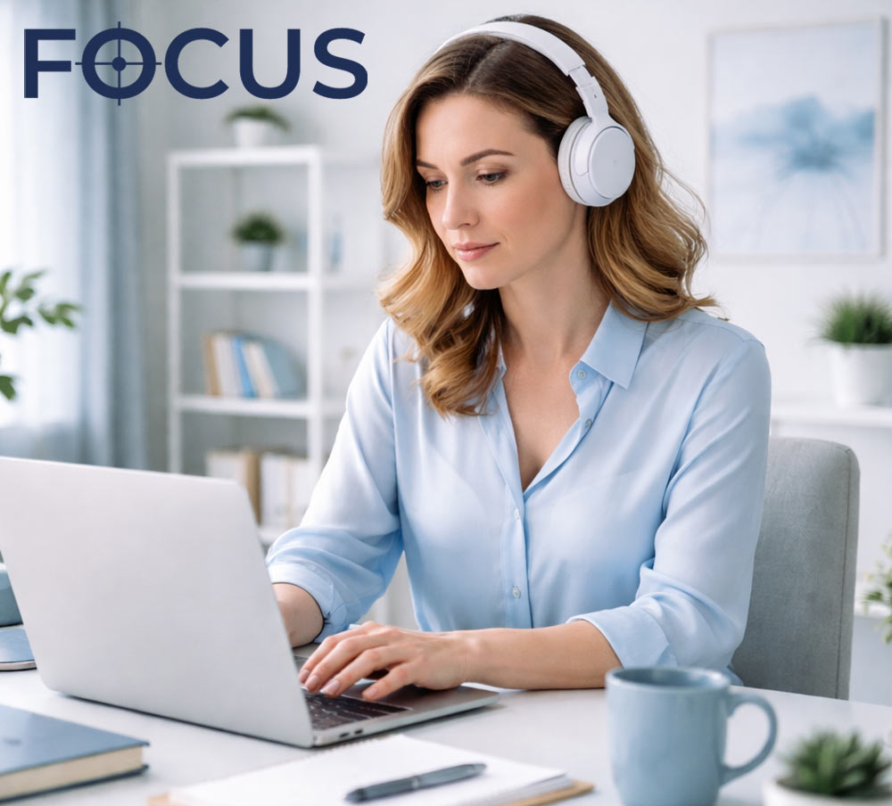 A woman wearing headphones while working on her laptop