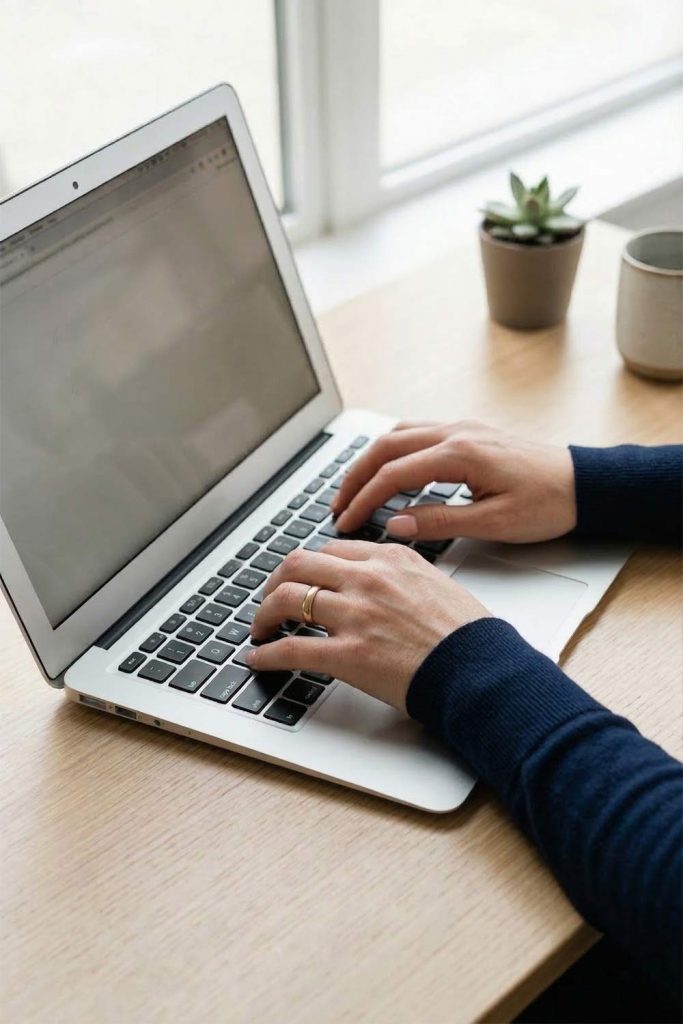 A woman's hands typing on a laptop keyboard, with a small plant and a cup of tea in the background.