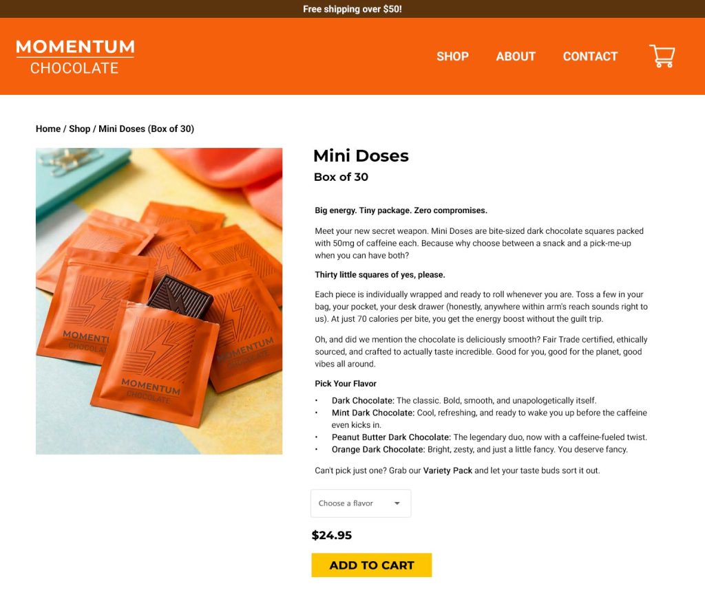 Screenshot of Momentum Chocolate product page