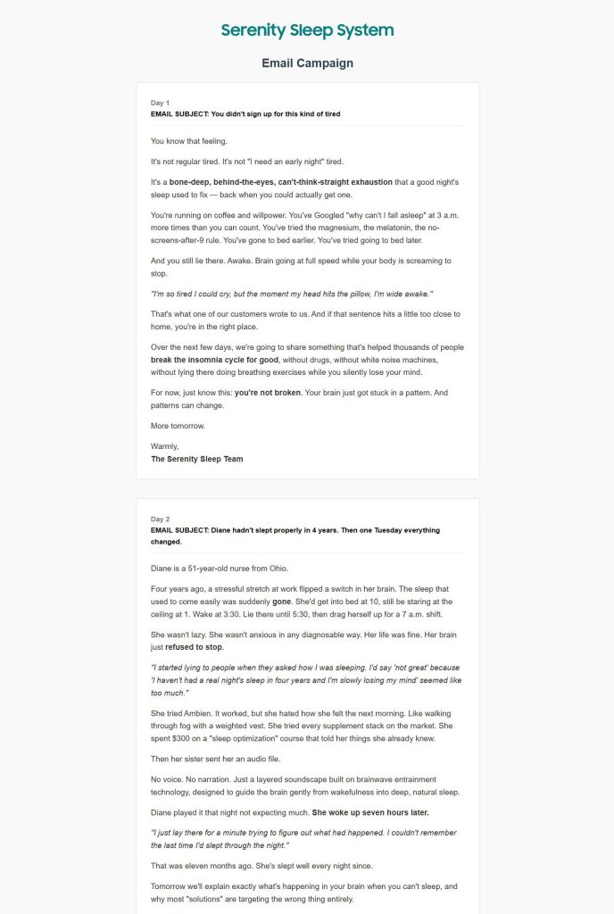 Serenity Sleep System email campaign screenshot 1