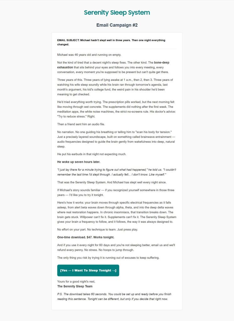 Serenity Sleep System email campaign #2 screenshot