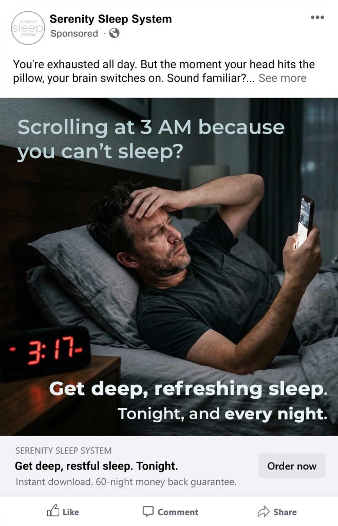 Facebook ad for Serenity Sleep System