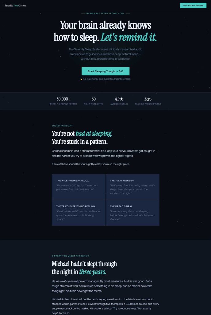 Serenity Sleep System landing page option 1
