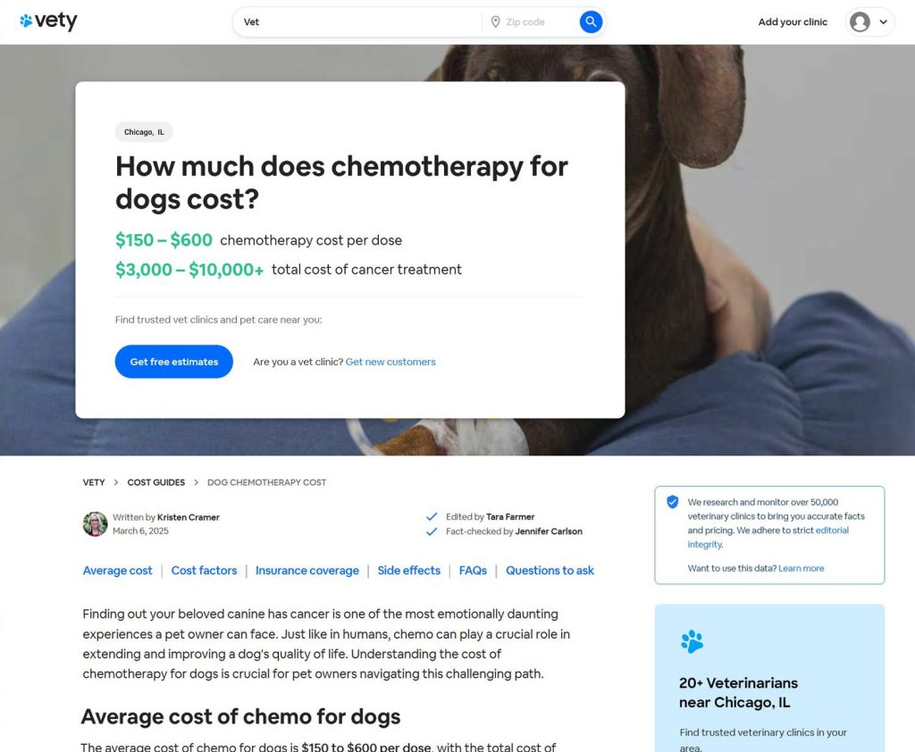 Screenshot of Vety article about the cost of chemotherapy for dogs.