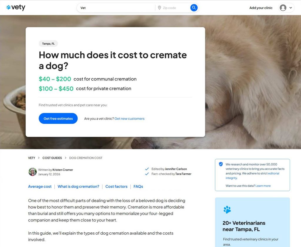 Screenshot of Vety article about the cost to cremate a dog.