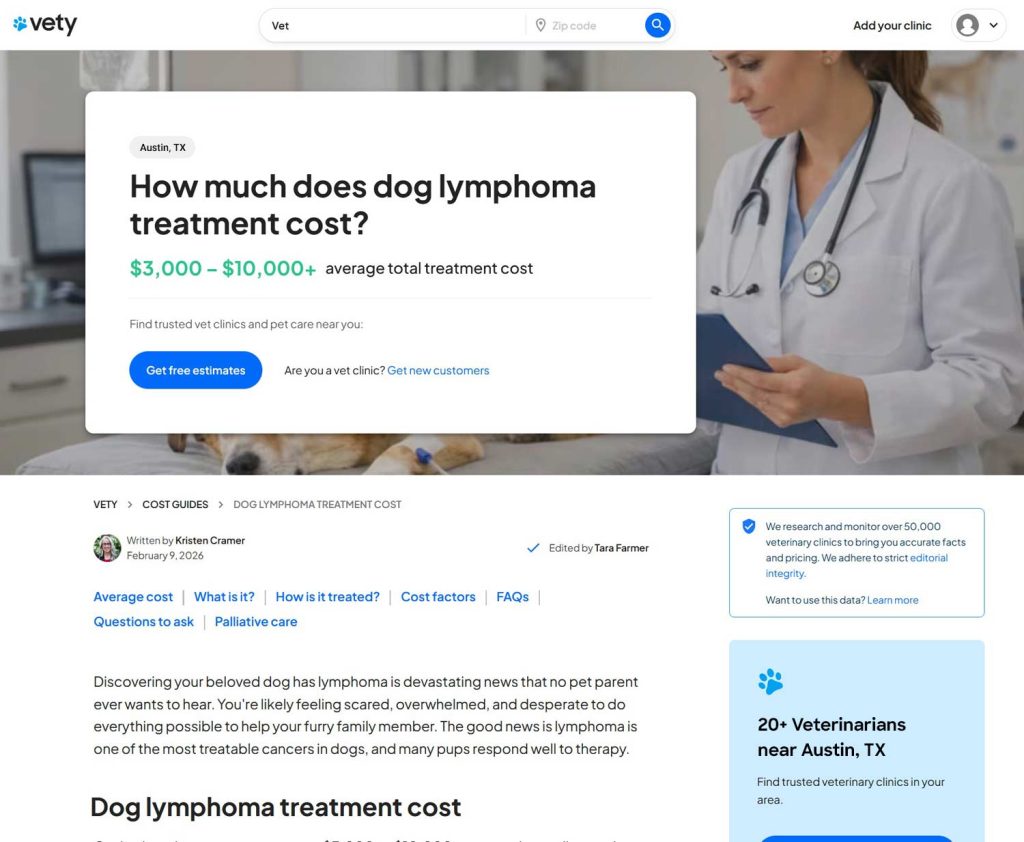 Screenshot of Vety article about dog lymphoma treatment costs.