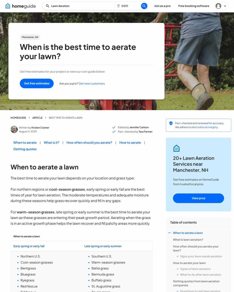 Screenshot of article titled "When is the best time to aerate your lawn?"