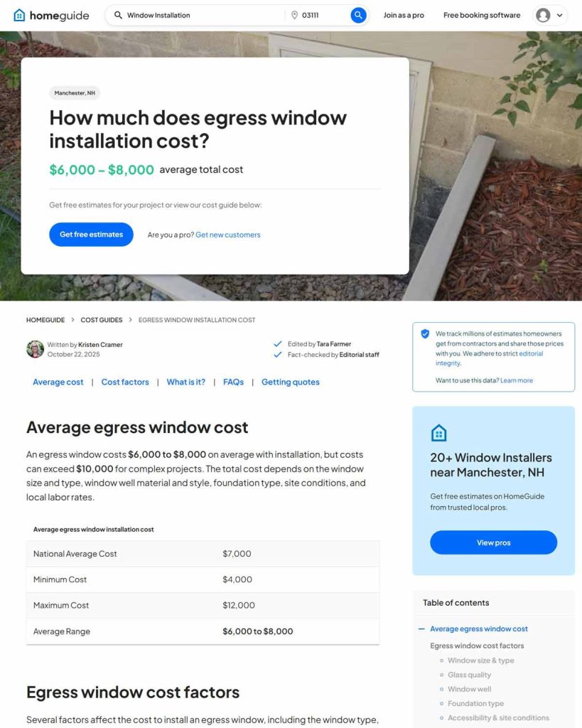 Screenshot of article titled "How much does egress window installation cost?"