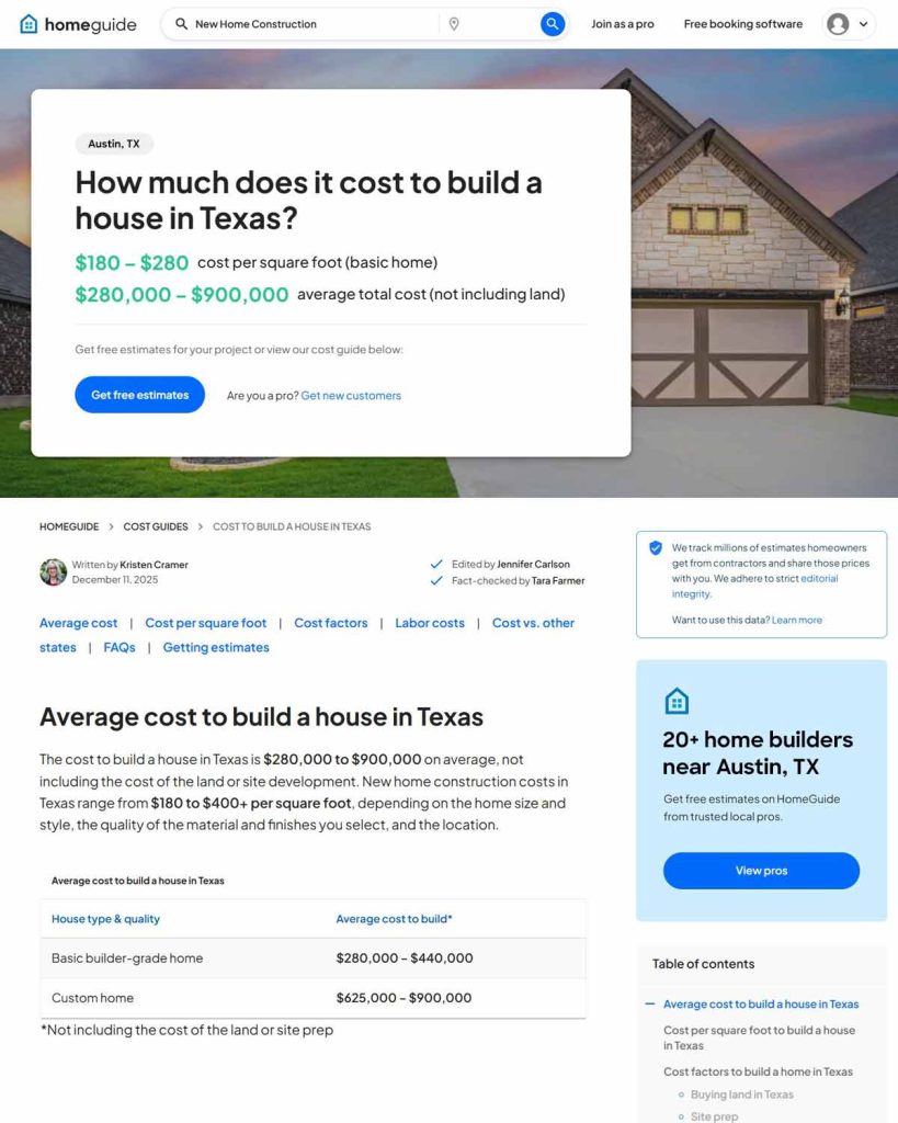Screenshot of an article for HomeGuide titled "How much does it cost to build a house in Texas?"