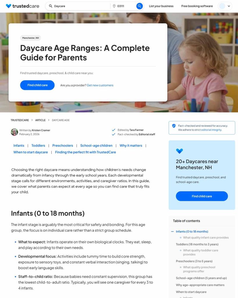 Screenshot of TrustedCare article titled "Daycare Age Ranges: A Complete Guide for Parents"