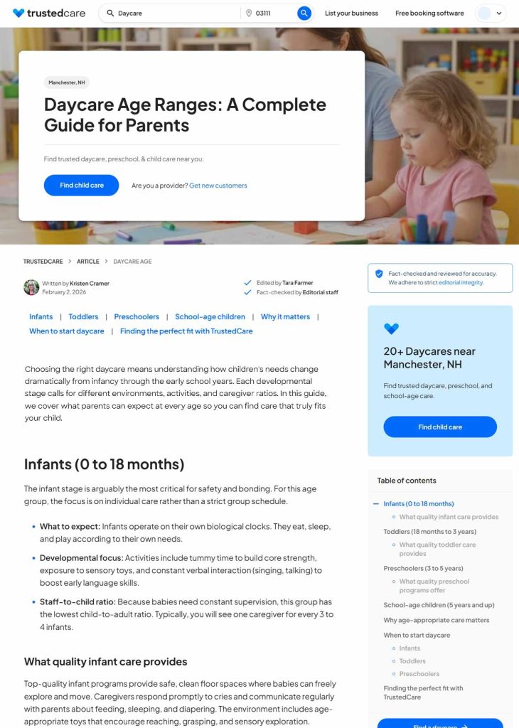 Screenshot of TrustedCare article named "Daycare Age Ranges: A Complete Guide for Parents"