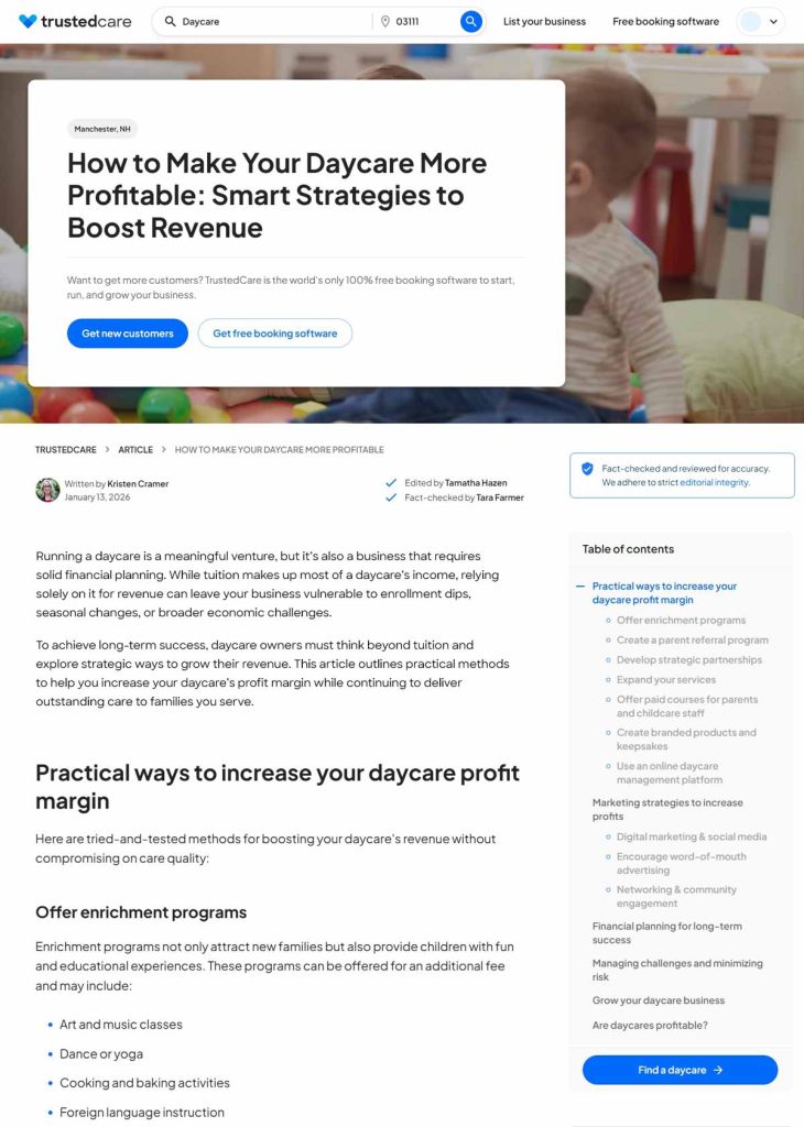 Screenshot of TrustedCare article titled "How to Make Your Daycare More Profitable".